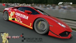 Size: 480x270 | Tagged: safe, artist:forzaveteranenigma, character:sunset shimmer, species:pony, fanfic:equestria motorsports, car, circuit de spa francorchamps, driving, forza motorsport 7, lamborghini, lamborghini huracan, photo, racing