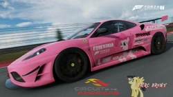 Size: 480x270 | Tagged: safe, artist:forzaveteranenigma, character:pinkie pie, species:pony, fanfic:equestria motorsports, car, circuit of the americas, driving, ferrari, ferrari 430 scuderia, forza motorsport 7, photo, racing