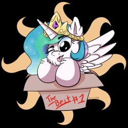 Size: 400x400 | Tagged: safe, artist:viejillox64art, character:princess celestia, species:pony, black background, box, chibi, crown, female, jewelry, looking at you, one eye closed, pony in a box, regalia, simple background, solo, sticker, sun, tongue out, wings