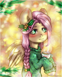 Size: 2000x2500 | Tagged: safe, artist:zefirka, character:fluttershy, species:pegasus, species:pony, alternate hairstyle, blushing, braid, chocolate, clothing, cup, cute, female, food, hair ornament, hoof hold, hot chocolate, looking at you, mare, shyabetes, solo, spread wings, sweater, sweatershy, three quarter view, wings