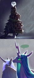 Size: 930x2104 | Tagged: safe, artist:begasus, character:nightmare moon, character:princess luna, character:queen chrysalis, species:changeling, species:reformed changeling, ship:chrysmoon, ..., christmas, christmas tree, female, holiday, lesbian, shipping, tree