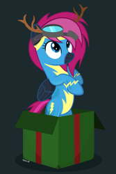 Size: 1037x1551 | Tagged: safe, artist:noah-x3, oc, oc:neon flare, species:pegasus, species:pony, antlers, belly button, box, clothing, cute, female, goggles, mare, ocbetes, pony in a box, present, reindeer antlers, solo, standing, uniform, wonderbolts, wonderbolts uniform