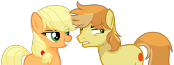 Size: 1660x622 | Tagged: safe, artist:sapphireartemis, character:applejack, character:braeburn, species:pony, ship:braejack, applecest, female, hatless, incest, male, missing accessory, shipping, simple background, story included, straight, transparent background