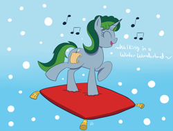 Size: 1500x1133 | Tagged: safe, artist:feralroku, oc, oc only, oc:scribbles marker, species:pony, eyes closed, music notes, pillow, raised hoof, secret santa, singing, snow, solo