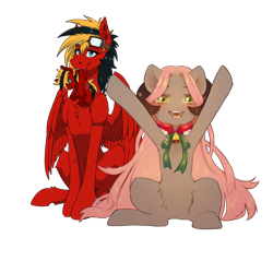 Size: 1400x1400 | Tagged: safe, artist:dagmell, artist:twotail813, rcf community, oc, oc only, oc:luurei, oc:twotail, species:pegasus, species:pony, 2019 community collab, derpibooru community collaboration, bell, duo, female, horns, plushie, simple background, sitting, transparent background