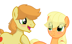 Size: 1024x632 | Tagged: safe, artist:sapphireartemis, character:applejack, character:braeburn, species:pony, ship:braejack, applecest, blushing, female, incest, male, missing accessory, shipping, simple background, story included, straight, transparent background