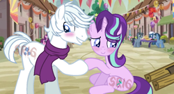Size: 1020x550 | Tagged: safe, artist:superrosey16, character:double diamond, character:night glider, character:starlight glimmer, character:sugar belle, species:pony, blushing, clothing, female, glimmerdiamond, male, our town, scarf, shipping, straight