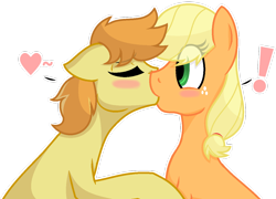 Size: 1204x868 | Tagged: safe, artist:sapphireartemis, character:applejack, character:braeburn, species:pony, ship:braejack, applecest, blushing, female, floppy ears, incest, kissing, male, shipping, simple background, story included, straight, transparent background, white outline