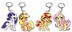 Size: 2048x929 | Tagged: safe, artist:techycutie, character:applejack, character:fluttershy, character:rarity, character:sunset shimmer, species:pegasus, species:pony, species:unicorn, my little pony:equestria girls, big eyes, blushing, chibi, cute, keychain, shimmerbetes, simple background