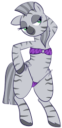 Size: 731x1515 | Tagged: safe, artist:feralroku, oc, oc only, oc:xixa, species:zebra, 2019 community collab, derpibooru community collaboration, bikini, clothing, colored hooves, hoof on hip, pose, semi-anthro, simple background, smiling, solo, swimsuit, transparent background