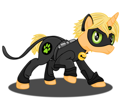 Size: 2366x2028 | Tagged: safe, artist:deannaphantom13, species:pony, species:unicorn, adrien agreste, baton, bell, cat eyes, chat noir, high res, horn ring, male, miraculous ladybug, ponified, shadow, simple background, slit eyes, solo, stallion, transparent background