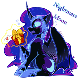Size: 813x814 | Tagged: safe, artist:esmeia, character:nightmare moon, character:princess luna, species:alicorn, species:pony, blushing, christmas, curved horn, female, helmet, holiday, horn, implied princess celestia, jewelry, magic, mare, moonabetes, open mouth, present, regalia, simple background, solo, telekinesis, white background