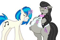 Size: 1024x682 | Tagged: safe, artist:duragan, artist:jamesawilliams1996, edit, character:dj pon-3, character:octavia melody, character:vinyl scratch, species:earth pony, species:pony, species:unicorn, ship:scratchtavia, belly, big belly, bipedal, bow tie, button-up shirt, chubby cheeks, clothing, color edit, colored, conductor, eyes closed, fat, fatavia, female, floppy ears, gritted teeth, huge belly, impossibly large belly, jacket, lesbian, lip bite, magic, mare, obese, overweight, shipping, telekinesis, this will end in pain, this will not end well, tight clothing, tuxedo, wardrobe malfunction, weight gain
