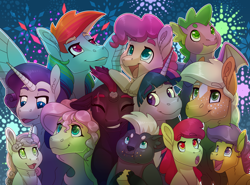 Size: 3508x2600 | Tagged: safe, artist:jackiebloom, character:apple bloom, character:applejack, character:fluttershy, character:grubber, character:pinkie pie, character:rainbow dash, character:rarity, character:scootaloo, character:spike, character:sweetie belle, character:tempest shadow, character:twilight sparkle, species:dragon, species:earth pony, species:pegasus, species:pony, species:unicorn, my little pony: the movie (2017), beanbrows, broken horn, cutie mark crusaders, ear fluff, eye reflection, eye scar, eyebrows, eyebrows visible through hair, eyes closed, female, filly, fireworks, foal, happy new year 2019, horn, male, mane seven, mane six, mare, new year, reflection, scar, star (coat marking), winged spike