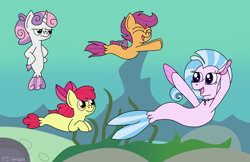 Size: 5100x3300 | Tagged: safe, artist:toonboy92484, character:apple bloom, character:scootaloo, character:silverstream, character:sweetie belle, species:pegasus, species:pony, species:seapony (g4), cutie mark crusaders, sea-mcs, seaponified, seapony apple bloom, seapony scootaloo, seapony sweetie belle, species swap, sweetie belle is not amused, swimming, unamused, underwater