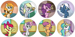 Size: 4500x2250 | Tagged: safe, artist:toonboy92484, character:apple bloom, character:derpy hooves, character:night glider, character:pear butter, character:princess celestia, character:scootaloo, character:sugar belle, character:sweetie belle, species:pegasus, species:pony, buttons