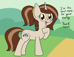 Size: 1404x1077 | Tagged: safe, artist:toonboy92484, oc, oc only, oc:allegro dolce, species:pony, species:unicorn, bard, fantasy class, female, mare, pun