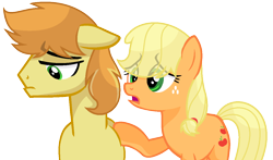 Size: 1224x720 | Tagged: safe, artist:sapphireartemis, character:applejack, character:braeburn, species:pony, ship:braejack, applecest, female, hatless, incest, male, missing accessory, sad, shipping, simple background, story included, straight, transparent background, white outline