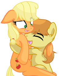 Size: 486x617 | Tagged: safe, artist:sapphireartemis, character:applejack, character:braeburn, species:pony, ship:braejack, applecest, female, hatless, hug, incest, male, missing accessory, shipping, simple background, story included, straight, transparent background