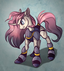 Size: 1280x1408 | Tagged: safe, artist:casynuf, oc, oc only, species:pony, species:unicorn, angry, armor, curved horn, female, horn, scythe, simple background, solo, standing