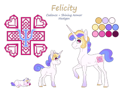 Size: 3500x2500 | Tagged: safe, artist:jackiebloom, oc, oc only, oc:felicity, parent:princess cadance, parent:shining armor, parents:shiningcadance, species:pony, species:unicorn, agender, ambiguous gender, baby, baby pony, colored hooves, foal, high res, offspring, raised hoof, reference sheet, solo