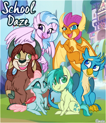 Size: 660x768 | Tagged: safe, artist:esmeia, character:gallus, character:ocellus, character:sandbar, character:silverstream, character:smolder, character:yona, species:changeling, species:classical hippogriff, species:dragon, species:earth pony, species:griffon, species:hippogriff, species:pony, species:reformed changeling, species:yak, episode:school daze, g4, my little pony: friendship is magic, bow, cloven hooves, colored hooves, cute, diaocelles, diastreamies, dragoness, eye clipping through hair, eyebrows, eyebrows visible through hair, female, gallabetes, hair bow, jewelry, male, monkey swings, necklace, sandabetes, smiling, smolderbetes, student six, teenager, yonadorable
