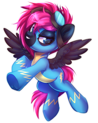 Size: 600x758 | Tagged: safe, artist:cabbage-arts, oc, oc only, oc:neon flare, species:pegasus, species:pony, clothing, female, flying, goggles, mare, solo, underhoof, uniform, wings, wonderbolts, wonderbolts uniform