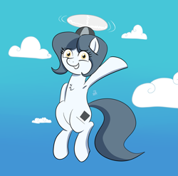 Size: 1857x1837 | Tagged: safe, artist:feralroku, oc, oc only, oc:hattsy, species:pony, armpits, chest fluff, clothing, cloud, flying, hat, national hat day, propeller hat, smiling, solo, waving