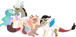 Size: 2328x1126 | Tagged: safe, artist:ashidaii, character:discord, character:princess celestia, oc, oc:entropy, oc:solstice, parent:discord, parent:princess celestia, parents:dislestia, species:draconequus, ship:dislestia, female, hybrid, interspecies offspring, male, offspring, shipping, simple background, straight, transparent background