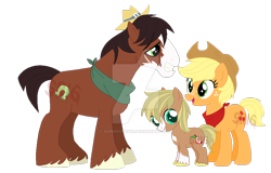 Size: 900x577 | Tagged: safe, artist:superrosey16, character:applejack, character:trouble shoes, oc, oc:apple leaf, parent:applejack, parent:trouble shoes, parents:troublejack, species:earth pony, species:pony, alternate hairstyle, colt, deviantart watermark, family, female, freckles, male, neckerchief, obtrusive watermark, offspring, scar, shipping, short hair, simple background, straight, transparent background, troublejack, unshorn fetlocks, watermark