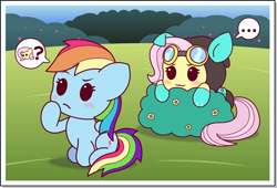 Size: 1500x1020 | Tagged: safe, artist:doctor-g, character:fluttershy, character:rainbow dash, ..., :3, bunny ears, bush, chibi, clothing, costume, cute, dangerous mission outfit, dashabetes, emoji, goggles, hiding, hnnng, hoodie, imminent pounce, question mark, shyabetes, thinking, thinking emoji, this will end in pouncing