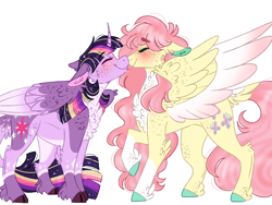 Size: 1024x768 | Tagged: safe, artist:wanderingpegasus, character:fluttershy, character:twilight sparkle, character:twilight sparkle (alicorn), species:alicorn, species:pony, ship:twishy, blushing, chest fluff, colored hooves, colored wings, cute, eyes closed, female, floppy ears, lesbian, mare, raised hoof, shipping, shyabetes, simple background, smiling, twiabetes, unshorn fetlocks, white background
