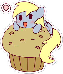 Size: 1713x2000 | Tagged: safe, artist:doctor-g, character:derpy hooves, species:pegasus, species:pony, chibi, female, food, giant muffin, heart, muffin, simple background, smiling, solo, transparent background