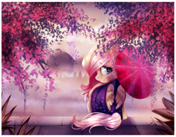 Size: 900x697 | Tagged: safe, artist:cabbage-arts, character:fluttershy, species:pegasus, species:pony, cherry blossoms, clothing, female, flower, flower blossom, kimono (clothing), looking at you, looking back, looking back at you, mare, mountain, outdoors, sitting, smiling, solo, tree, umbrella