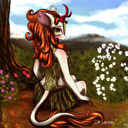 Size: 4096x4096 | Tagged: safe, artist:cali luminos, character:autumn blaze, species:anthro, species:kirin, episode:sounds of silence, g4, my little pony: friendship is magic, absurd resolution, awwtumn blaze, beautiful, blushing, clothing, cloud, cute, female, flower, grass, looking at you, looking over shoulder, miniskirt, mountain, profile, signature, sitting, skirt, sky, solo