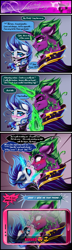 Size: 2162x7529 | Tagged: safe, artist:dimidiummorsumbra, character:pinkie pie, character:rarity, character:spike, ship:sparity, bandana, comic, dialogue, eyes closed, eyeshadow, female, glowing horn, kissing, makeup, male, masquerade, older, older spike, phone, ponified, ponified spike, shipping, species swap, straight, stupid sexy spike, tongue out