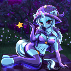 Size: 4096x4096 | Tagged: safe, artist:cali luminos, character:trixie, species:anthro, species:unguligrade anthro, absurd resolution, adorasexy, bandeau, bare hooves, belly button, breasts, cape, cleavage, clothing, cute, diatrixes, evening gloves, female, flower, gloves, glowing horn, grass, hat, hot pants, long gloves, looking at you, magic, midriff, open mouth, sexy, signature, socks, solo, stars, thigh highs, tree, trixie's cape, trixie's hat, wand