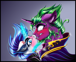 Size: 4972x4034 | Tagged: safe, alternate version, artist:dimidiummorsumbra, character:rarity, character:spike, ship:sparity, absurd resolution, blushing, cross-popping veins, eyeshadow, female, glowing horn, kissing, makeup, male, older, older spike, one eye closed, ponified, ponified spike, shipping, species swap, straight, tongue out