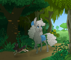 Size: 3202x2700 | Tagged: safe, artist:jackiebloom, oc, oc only, oc:dust bunny, species:hinny, species:mule, species:pony, bow, curly mane, everfree forest, female, forest, hair bow, outdoors, saddle bag, scenery, shelf mushroom, skvader, solo, tail feathers, tree