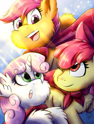 Size: 1750x2300 | Tagged: safe, artist:viejillox64art, character:apple bloom, character:scootaloo, character:sweetie belle, species:pegasus, species:pony, cape, cheek fluff, chest fluff, clothing, cutie mark crusaders, ear fluff