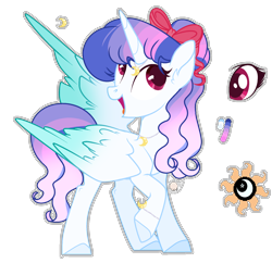 Size: 1808x1748 | Tagged: safe, artist:sweet-psycho-uwu, base used, oc, oc only, oc:sunshine moonfield, parent:rainbow dash, parent:twilight sparkle, parents:twidash, species:alicorn, species:pony, alicorn oc, big wings, bow, bracelet, female, hair bow, jewelry, looking up, magical lesbian spawn, mare, necklace, offspring, open mouth, reference sheet, simple background, smiling, solo, transparent background, two toned wings, wings