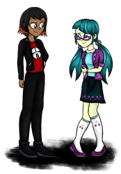 Size: 2371x3400 | Tagged: safe, artist:deannaphantom13, character:juniper montage, oc, oc:omni, my little pony:equestria girls, clothing, commission, cute, equestria girls-ified, female, glasses, looking at each other, male, pants, pigtails, shoes, simple background, skirt, smiling, socks, transparent background