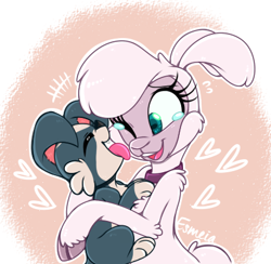 Size: 413x403 | Tagged: safe, artist:esmeia, community related, character:pom lamb, species:dog, species:sheep, them's fightin' herds, cloven hooves, crying, cute, female, heart, hug, lamb, licking, one eye closed, open mouth, puppy, simple background, smiling, tears of joy, tongue out, when she smiles