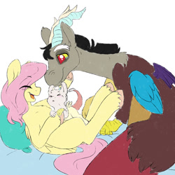 Size: 1024x1024 | Tagged: safe, artist:littledreamycat, character:discord, character:fluttershy, parent:discord, parent:fluttershy, parents:discoshy, species:draconequus, species:pegasus, species:pony, ship:discoshy, birth, female, filly, foal, hybrid, interspecies offspring, male, mare, newborn, next generation, offspring, shipping, story, straight