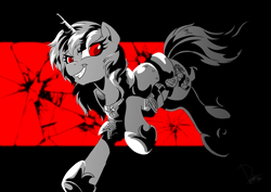 Size: 3507x2480 | Tagged: safe, artist:dormin-dim, oc, oc only, species:pony, species:unicorn, armor, commission, crossover, persona, persona 5, red eyes, shin megami tensei, shin megami tensei iv, solo, video game crossover
