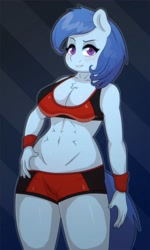 Size: 2338x3886 | Tagged: safe, artist:omegaozone, oc, oc only, oc:raylanda, species:anthro, species:earth pony, species:pony, abs, anthro oc, belly button, blushing, breasts, clothing, female, looking at you, shorts, solo, wristband
