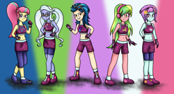 Size: 6028x3244 | Tagged: safe, artist:deannaphantom13, character:indigo zap, character:lemon zest, character:sour sweet, character:sugarcoat, character:sunny flare, my little pony:equestria girls, belly button, clothing, crossover, exeron fighters, fingerless gloves, freckles, glasses, gloves, goggles, headphones, midriff, shadow five, shorts, skirt, sports bra