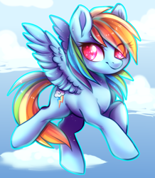 Size: 700x802 | Tagged: safe, artist:cabbage-arts, character:rainbow dash, species:pegasus, species:pony, chibi, cloud, colored pupils, cute, dashabetes, eye clipping through hair, female, flying, mare, sky, smiling, solo, spread wings, wings