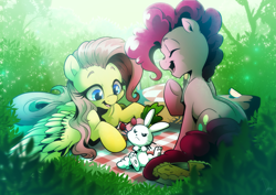 Size: 3507x2480 | Tagged: safe, artist:dormin-dim, character:angel bunny, character:fluttershy, character:pinkie pie, carrot, cute, diapinkes, female, food, picnic, picnic blanket, pie, shyabetes, strawberries, unamused