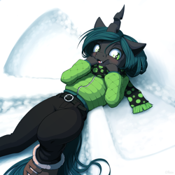 Size: 4000x4000 | Tagged: safe, artist:ohemo, character:queen chrysalis, species:anthro, species:changeling, species:unguligrade anthro, absurd resolution, belt, blushing, clothing, cute, cute little fangs, cutealis, fangs, female, hoof boots, looking at you, open mouth, pants, scarf, smiling, snow, snow angel, solo, winter outfit